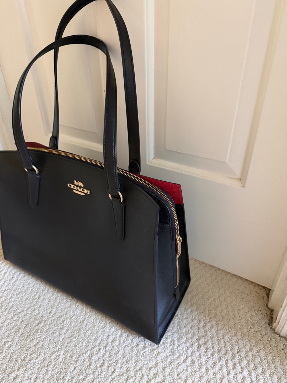 Coach Black Leather Tote with Red Accent - Picture 2 of 6